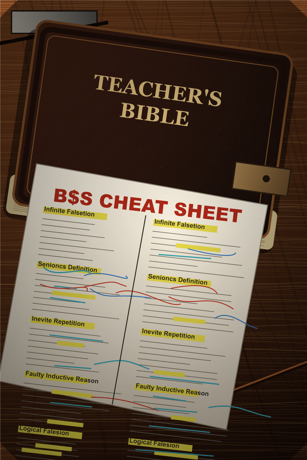 Teacher's Bible book with a B$S cheat sheet on a wooden desk